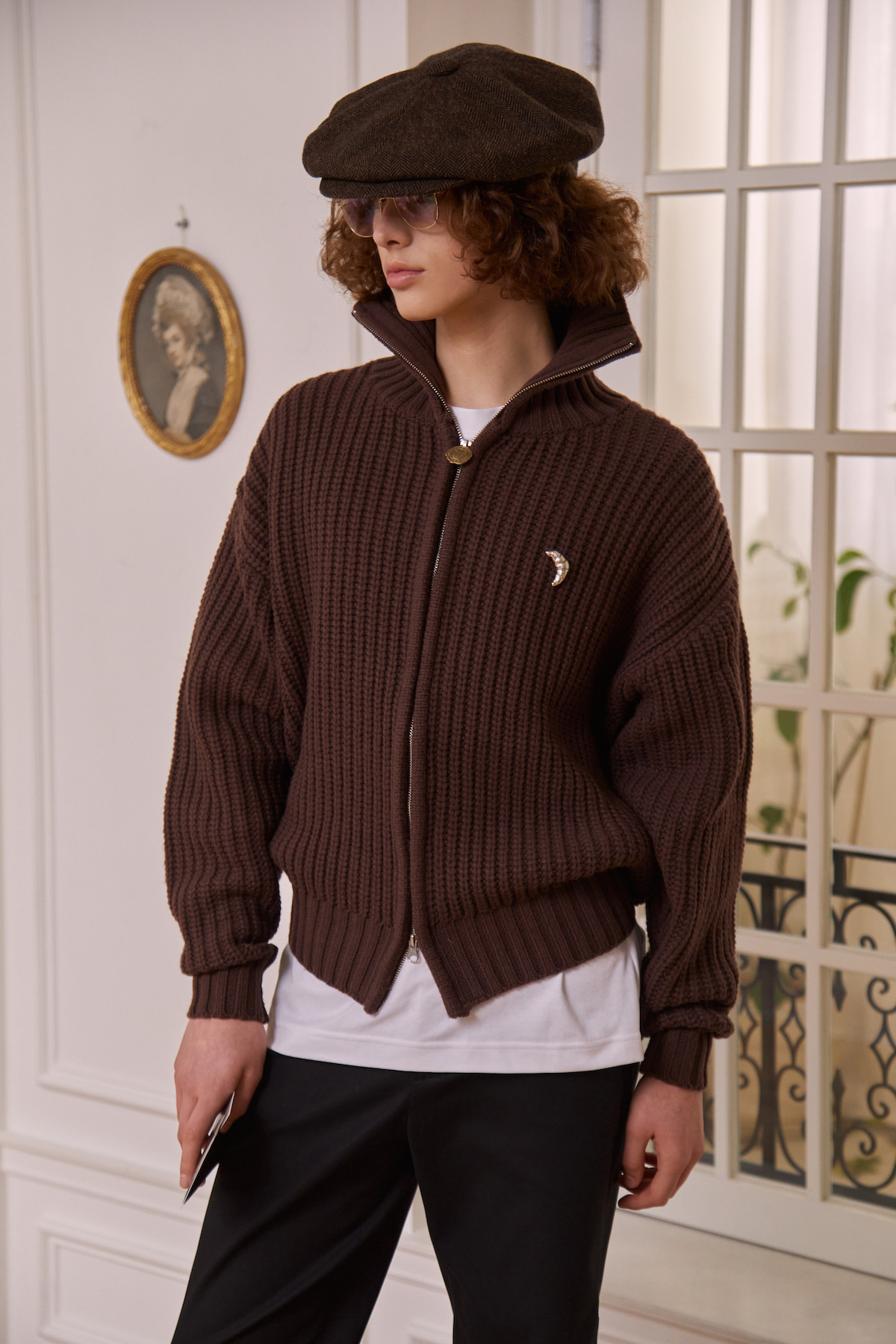 High Neck Zip Up Sweater Brown