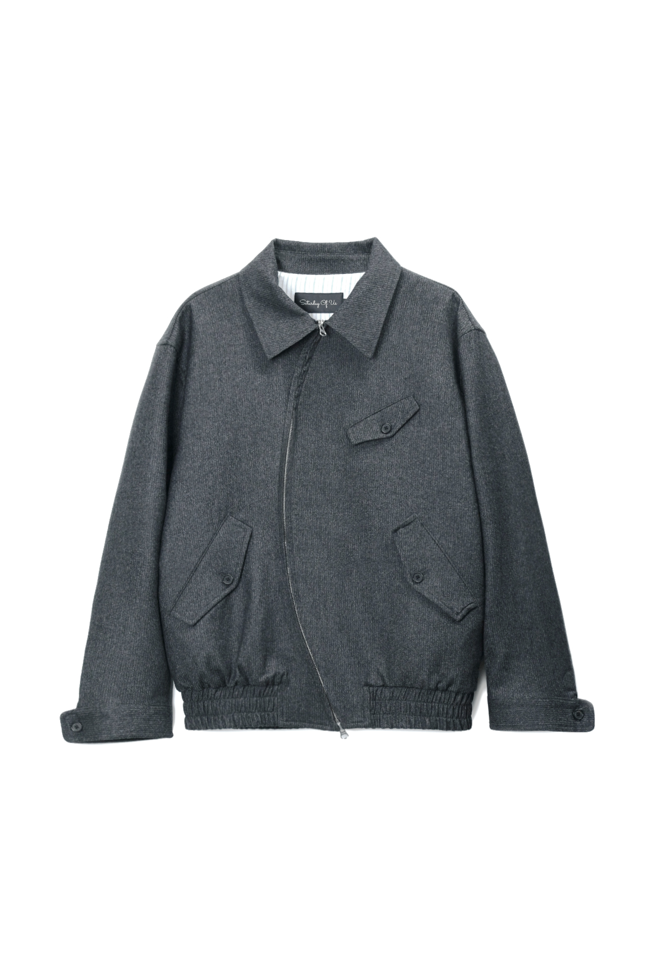 High Neck Round Stripe Wool Jacket Dark Grey(Round Zipper)